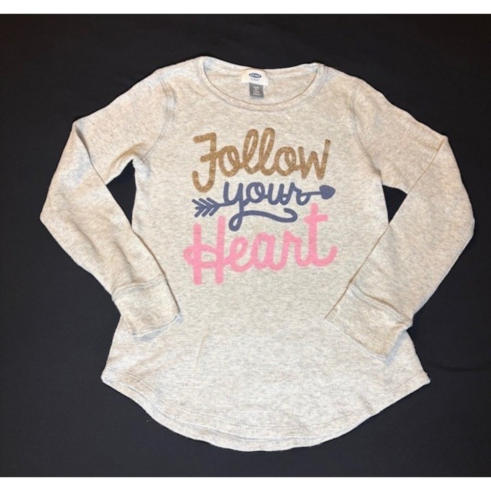 Old navy kids long sleeve, light gray waffle knit, graphic print, size 14